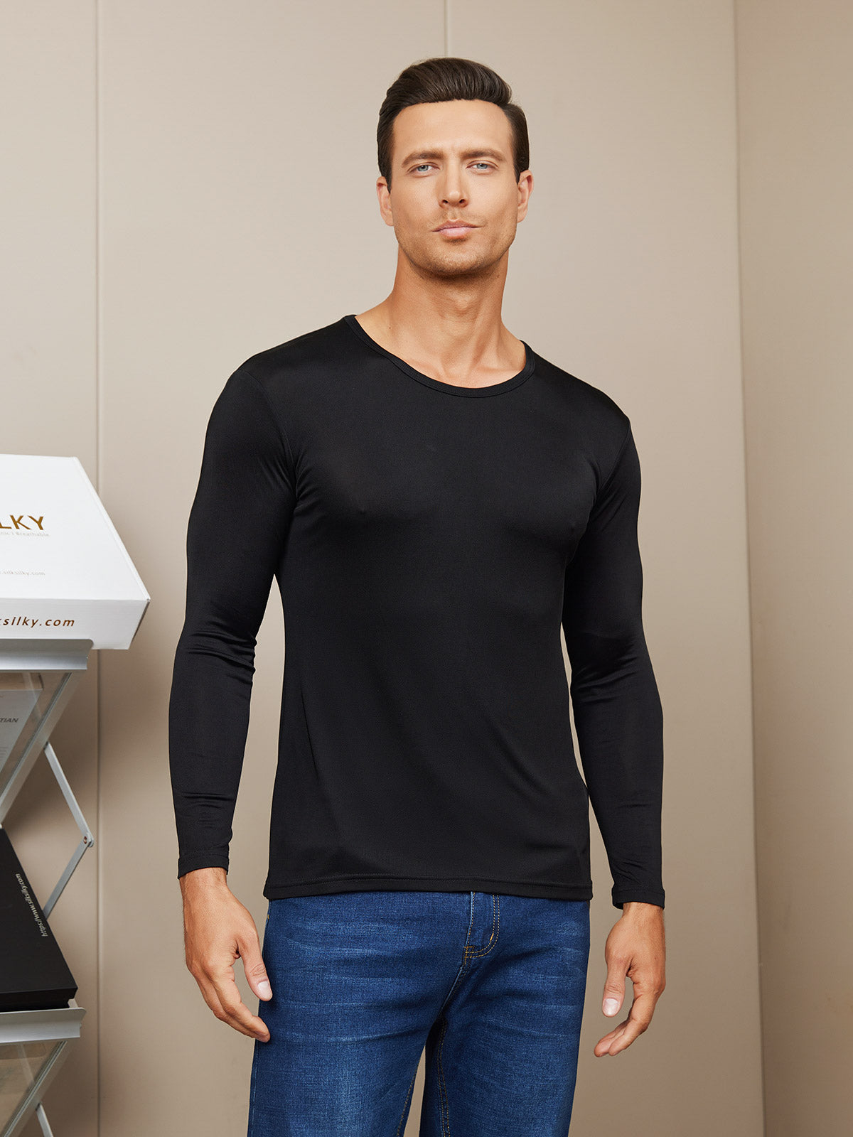 SilkSilky AU Silk Knitted Long Sleeve Round Neck Men's T Shirt Black 001