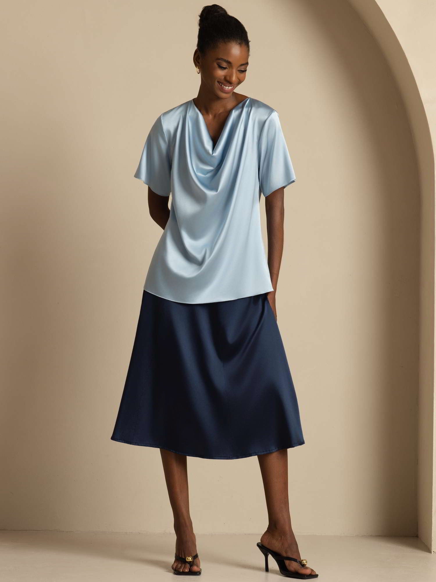 [Grayish Blue] SilkSilky-AU 19Momme Silk Short Sleeve Cowl Neck Blouse 007