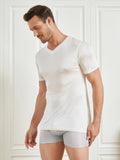 SilkSilky-AU Silk Knitted Short Sleeve V Neck Men's T-Shirt White 004