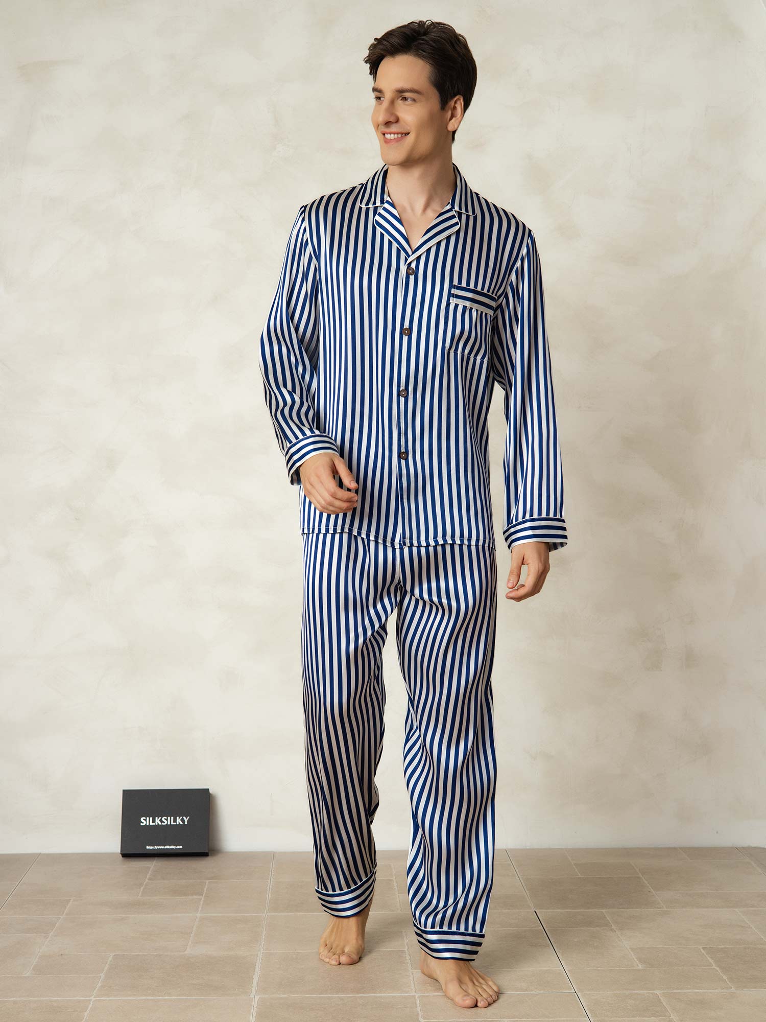 [Navy Stripe] SilkSilky-AU 19Momme Pure Silk Mens Pajamas 001