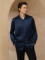 [Dark Blue] SilkSilky-AU 19Momme Stretch Silk Charmeuse Long Sleeve Lapel Collar Men's Shirt 003
