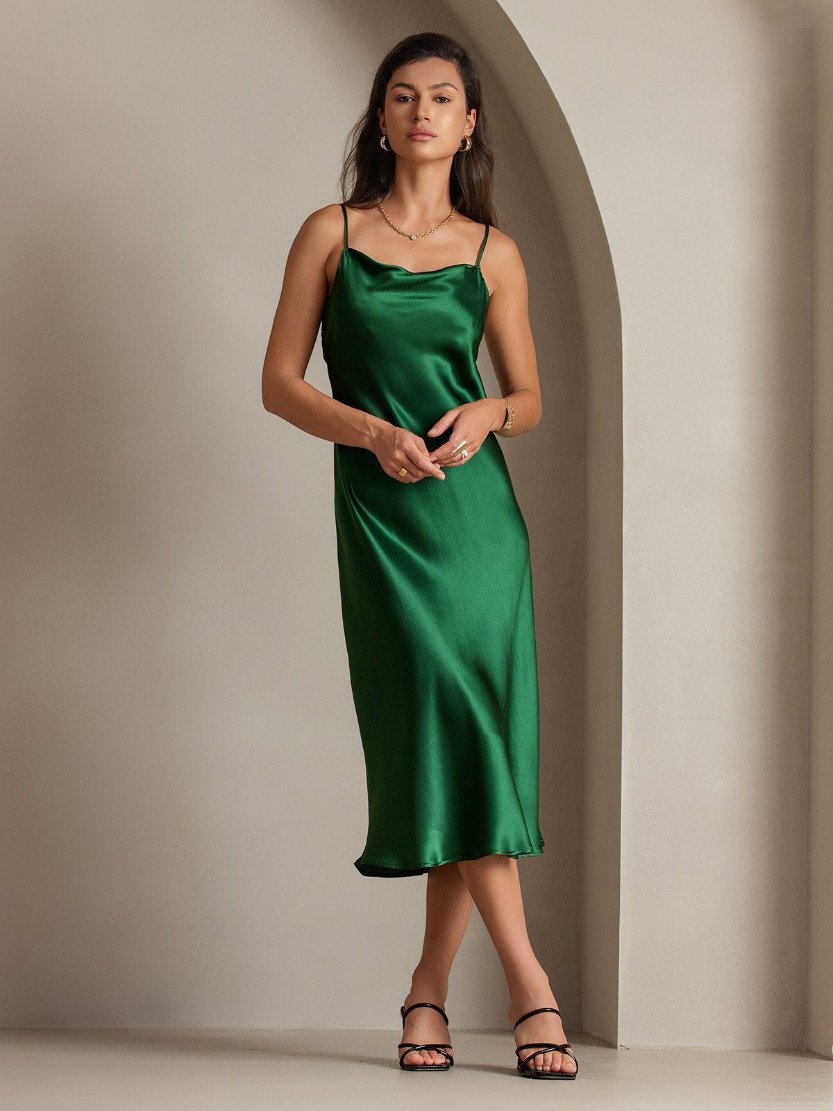 SilkSilky AU Pure Silk Sleeveless Cowl Neck Dress Green 001