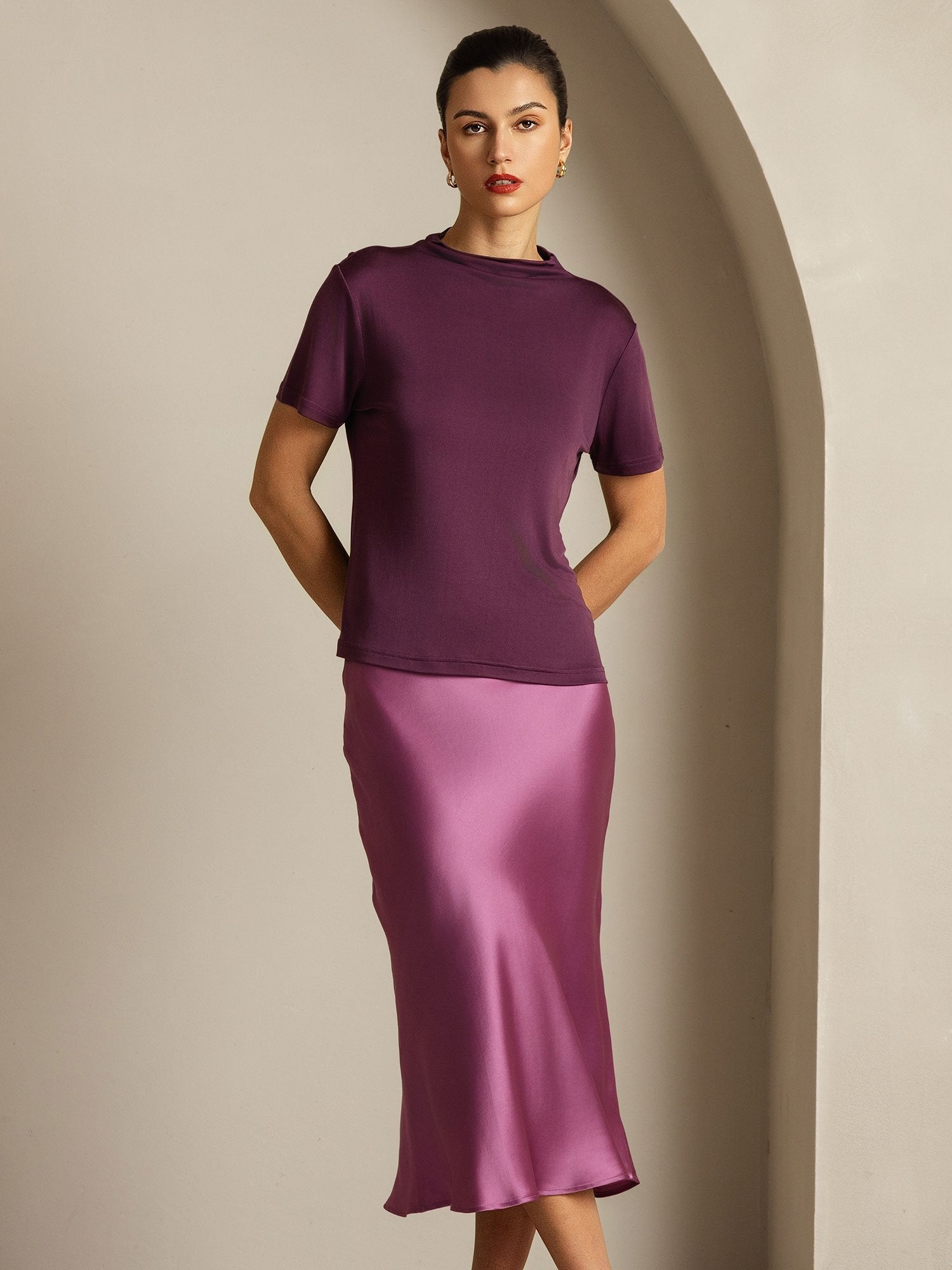 [Purple] SilkSilky-AU Pure Silk Collar Women's T-Shirt 008