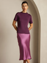 [Purple] SilkSilky-AU 100% Silk Jersey Short Sleeve Mock Neck Women's T-Shirt 008