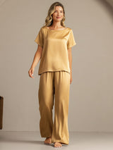 [Tan] SilkSilky-AU 19Momme Machine-Washable Silk Short Sleeve Women's Pyjamas 007