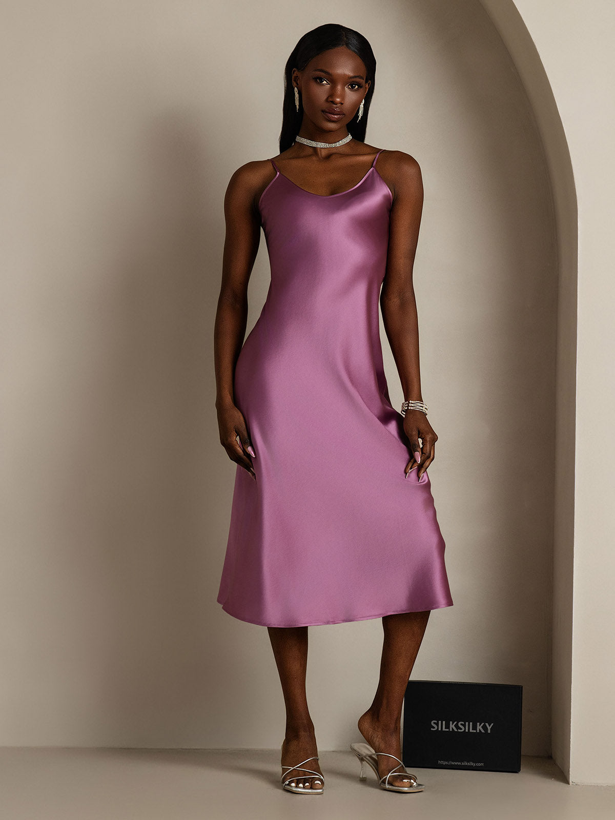[Deep Purple] SilkSilky-AU Pure Silk Round Neck Dress 004,