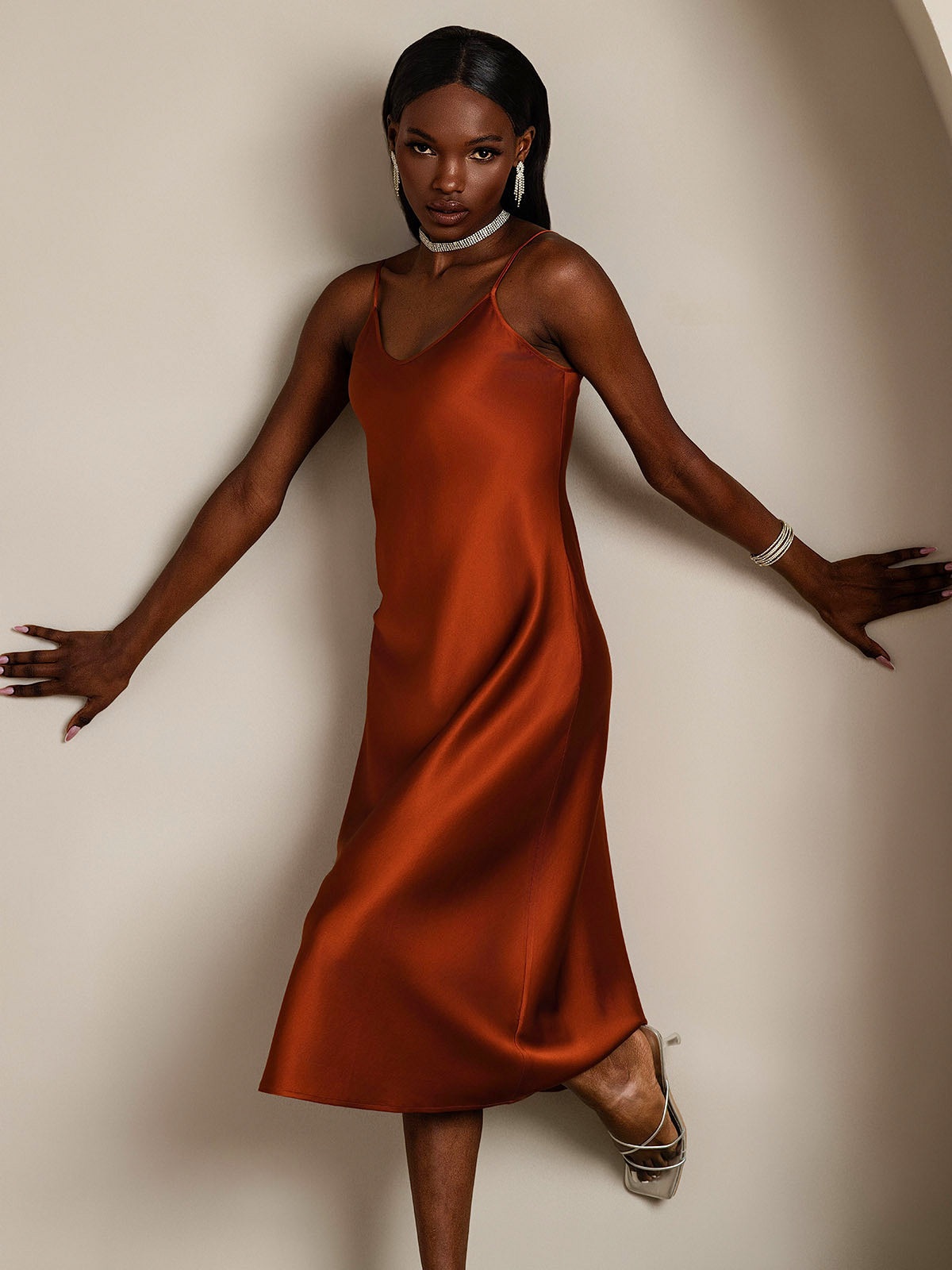 SilkSilky-AU Pure Silk Sleeveless Round Neck Dress Caramel 006