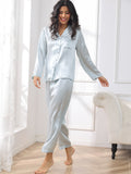 SilkSilky-AU Pure Silk Long Sleeve Lapel Women's Pyjamas LightBlue 005