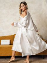 [White] SilkSilky-AU Long Sleeve V Neck Nightgown&Dressing Gown Set 002
