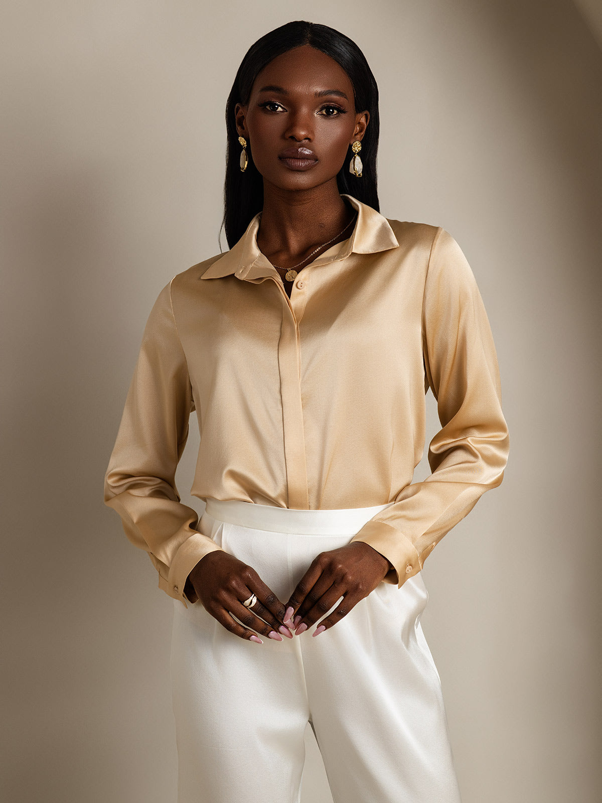 SilkSilky-AU 19Momme Silk Long Sleeve Collar Women's Shirt Champagne 003