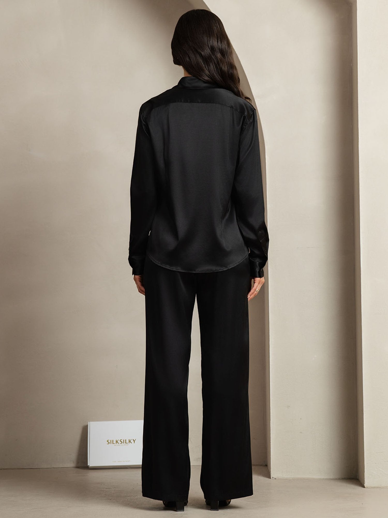 [Black] SilkSilky-AU 19Momme Silk Lapel Collar Women''s Outfit Sets 002