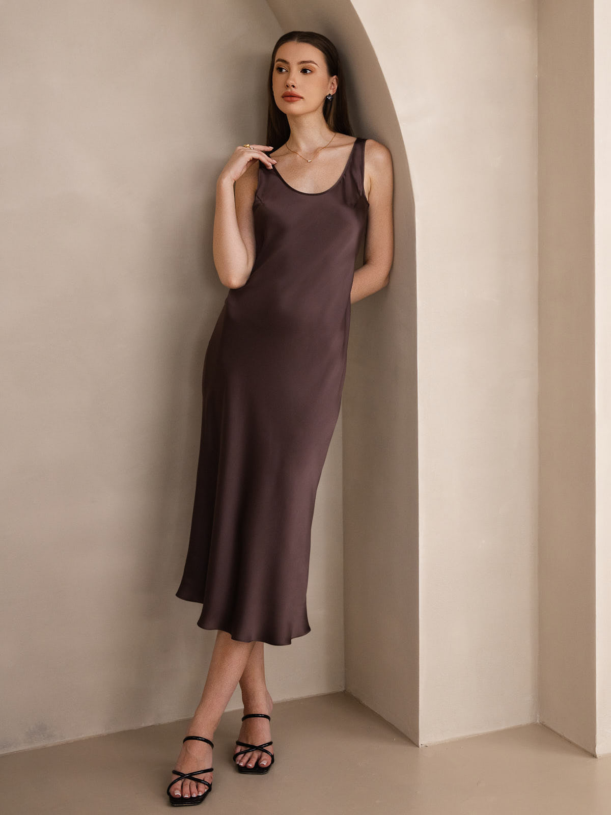 [Coffee] SilkSilky-AU Pure Silk Boat Neck Dress 006
