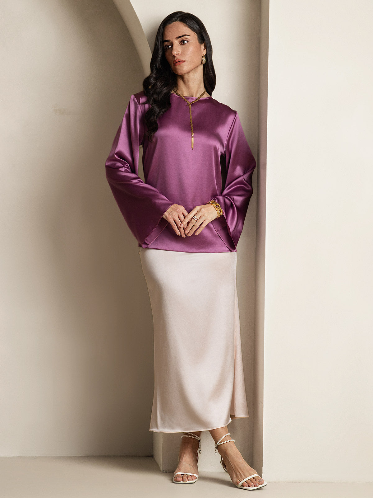 [Deep Purple] SilkSilky-AU 19Momme Silk Round Neck Women's T-Shirt 007
