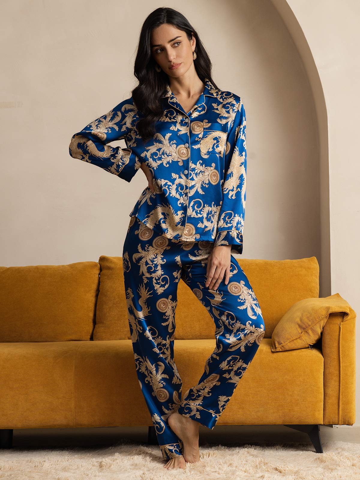 SilkSilky-AU Pure Silk Long Sleeve Lapel Women's Pyjamas Blue 006