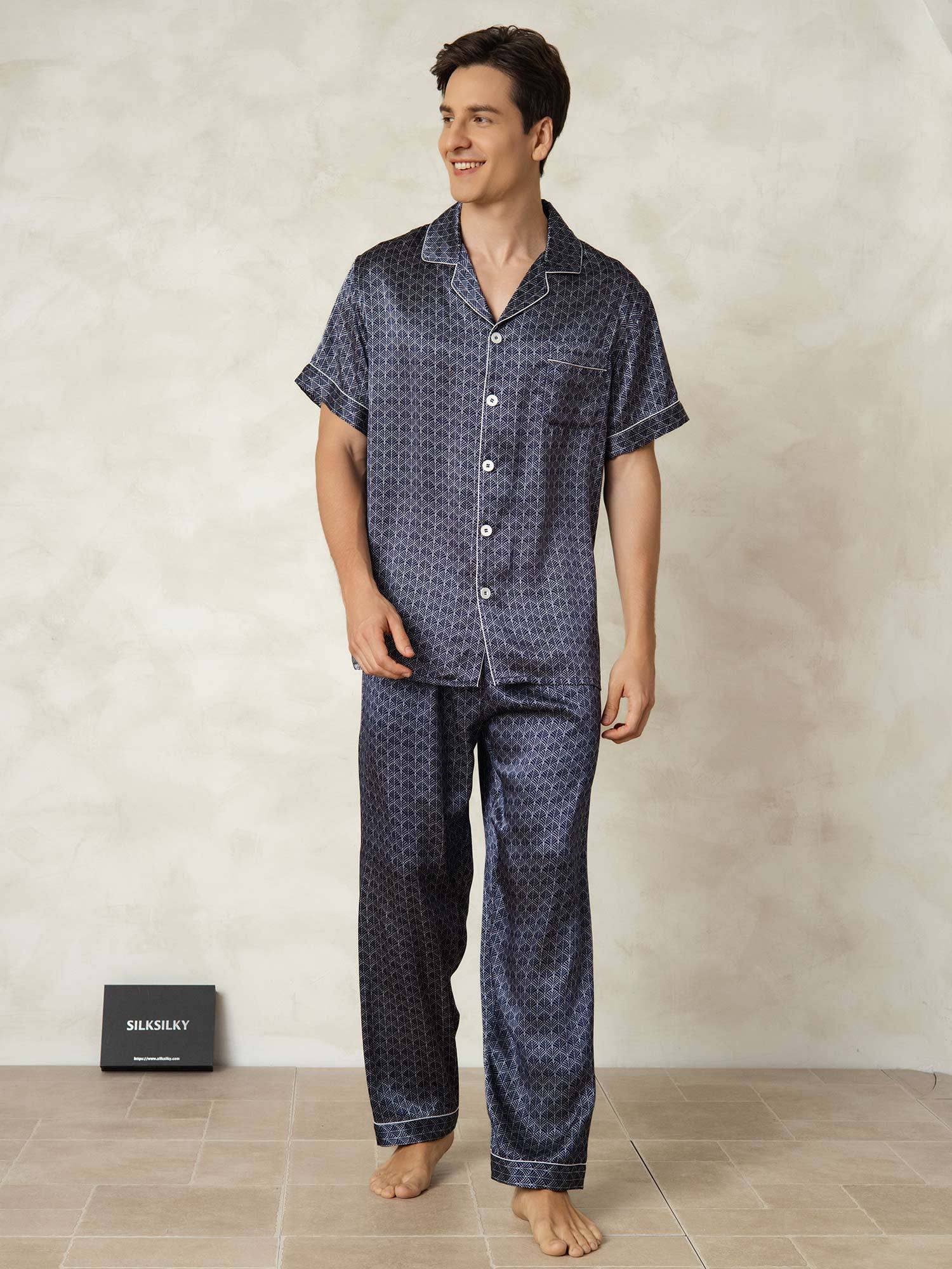 [NavyGinkgo] SilkSilky-AU Pure Silk Lapel Collar Men's Pyjamas 005