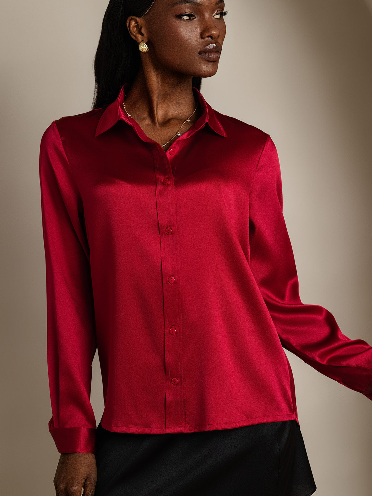 SilkSilky-AU 19Momme Silk Long Sleeve Collar Women's Shirt Wine 004