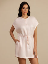[Pink] SilkSilky-AU 18Momme Silk Satin Surah Cap Sleeve Henley Neck Dress 001