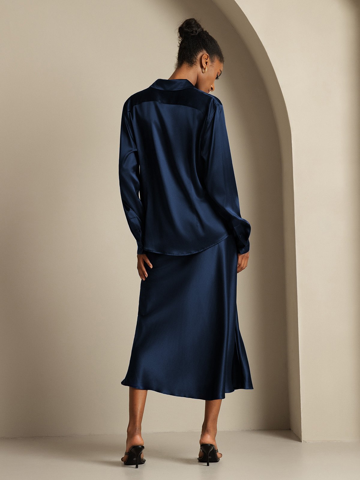 [Dark Blue] SilkSilky-AU 19Momme Silk Knitted Lapel Collar Women''s Outfit Sets 002,