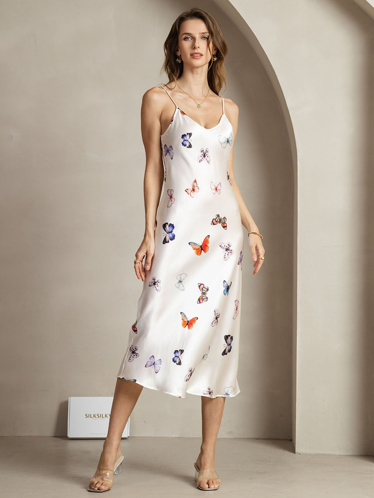 [WhiteButterfly] SilkSilky-AU 19Momme Silk V Neck Dress 001