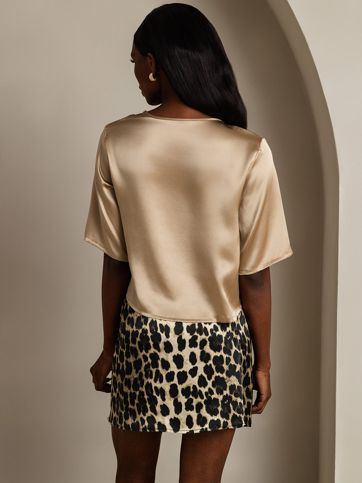 [Champagne] SilkSilky-AU Pure Silk Boat Neck Women's T-Shirt 002