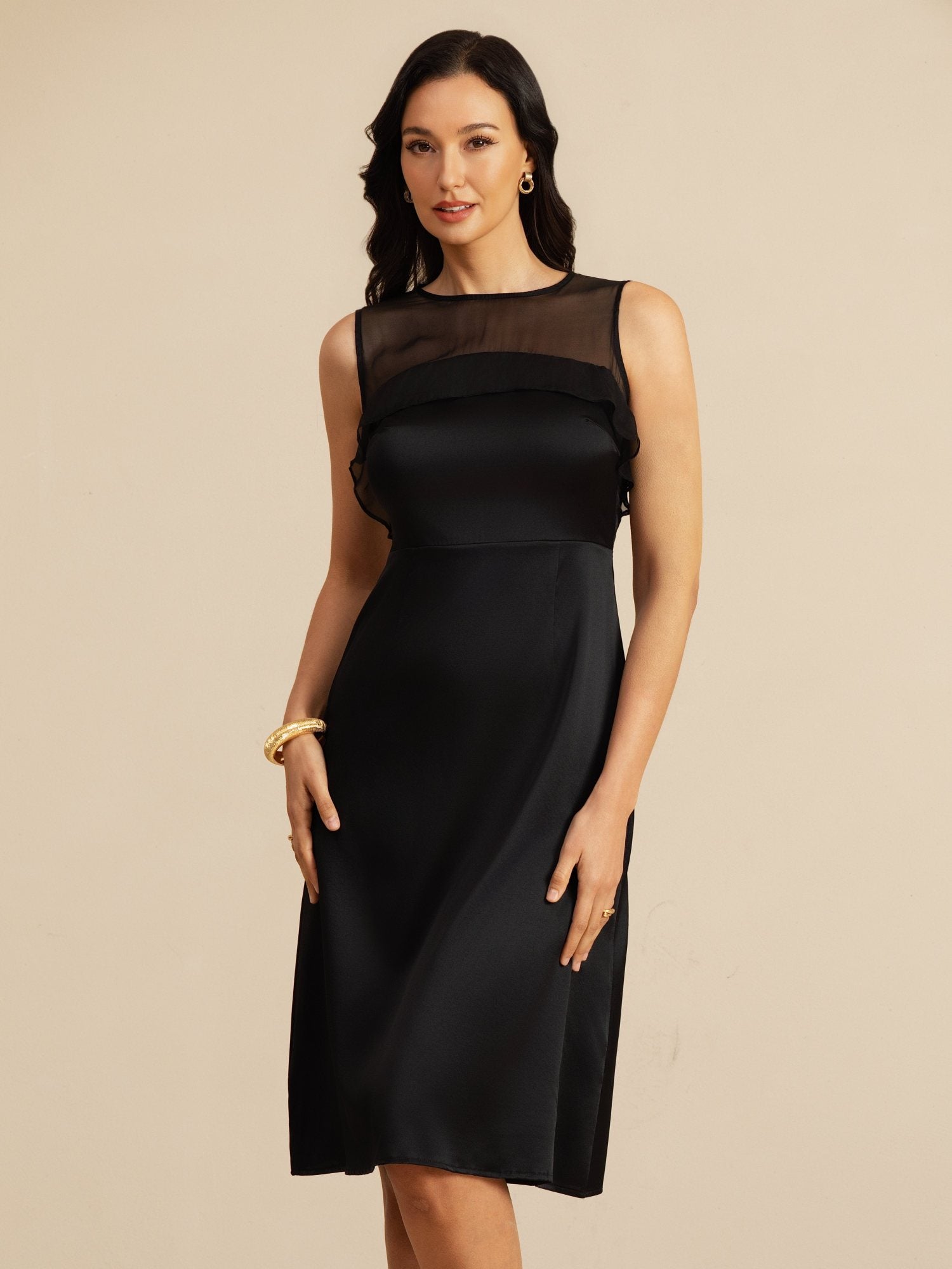 [Black] SilkSilky-AU 19Momme Sleeveless Illusion Neck Dress 001