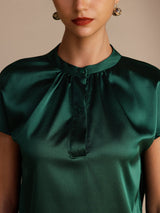 [Dark Green] SilkSilky-AU Short Sleeve Split Women's Blouse 004
