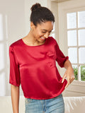 SilkSilky AU Pure Silk Half Sleeve Boat Neck Women's T Shirt DarkRed 003