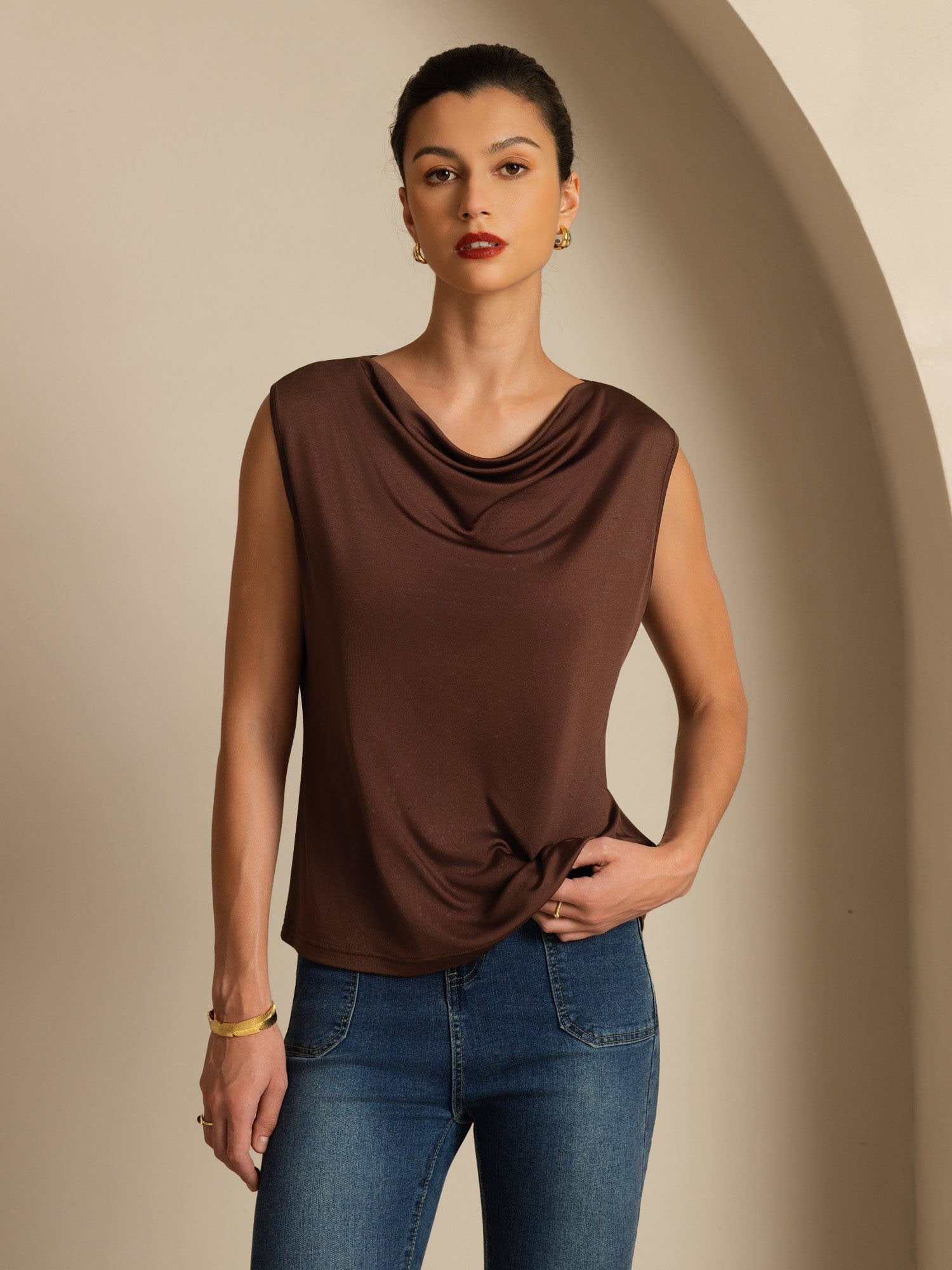 [Coffee] SilkSilky-AU 100% Silk Jersey Sleeveless Cowl Neck Women's T-Shirt 001