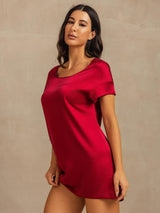 [Wine] SilkSilky-AU 19Momme Machine-Washable Silk Short Sleeve Round Neck Nightgown 007