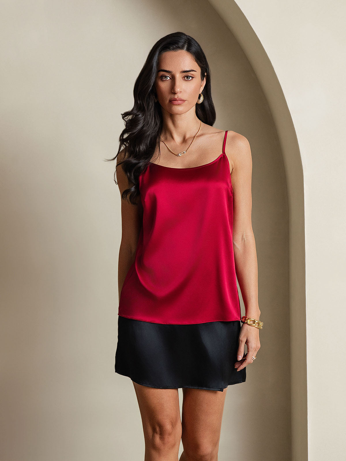 [Wine] SilkSilky-AU 19Momme Silk Spaghetti Strap Round Neck Camisole 003