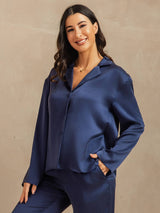 [Dark Blue] SilkSilky-AU 19Momme Machine-Washable Silk Long Sleeve Notch Collar Women's Pyjamas 007