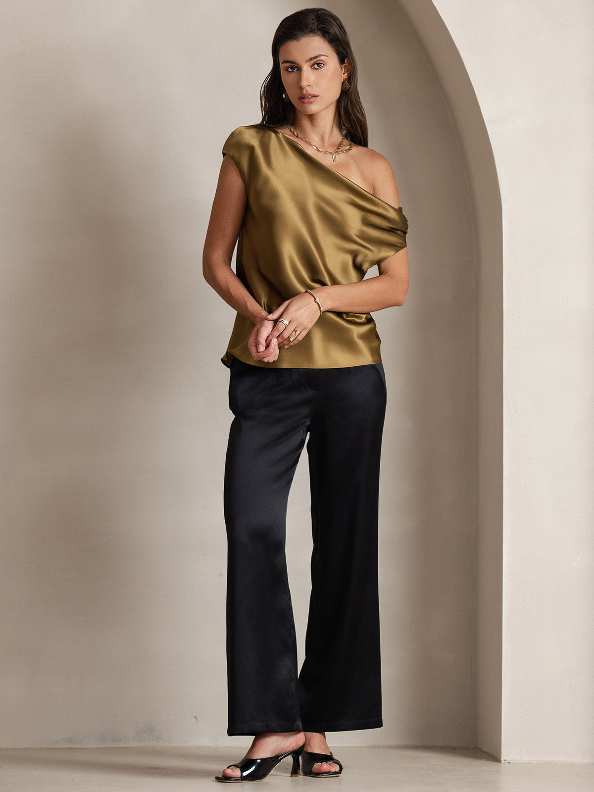 SilkSilky-AU 19Momme Silk Sleeveless One Shoulder Women's T-Shirt Brown 007