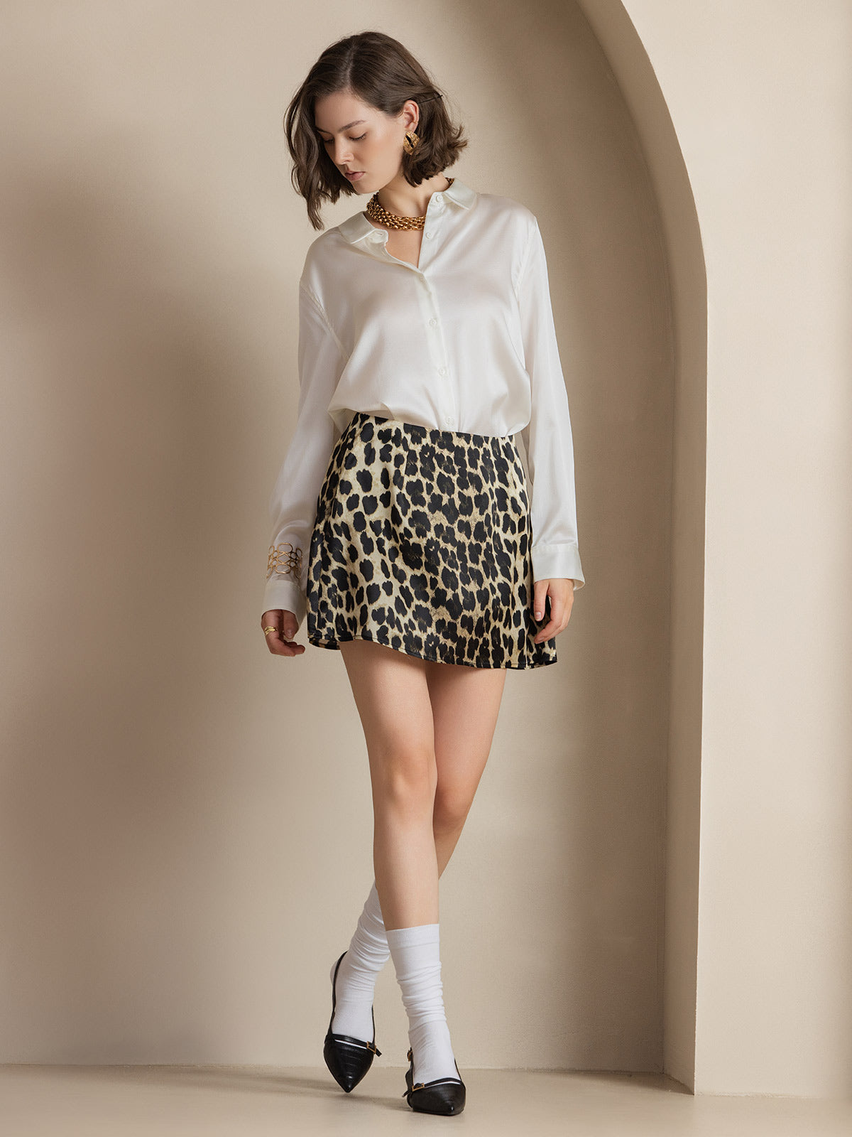 [White] SilkSilky-AU Silk Long Sleeve Lapel Collar Women's Shirt 007