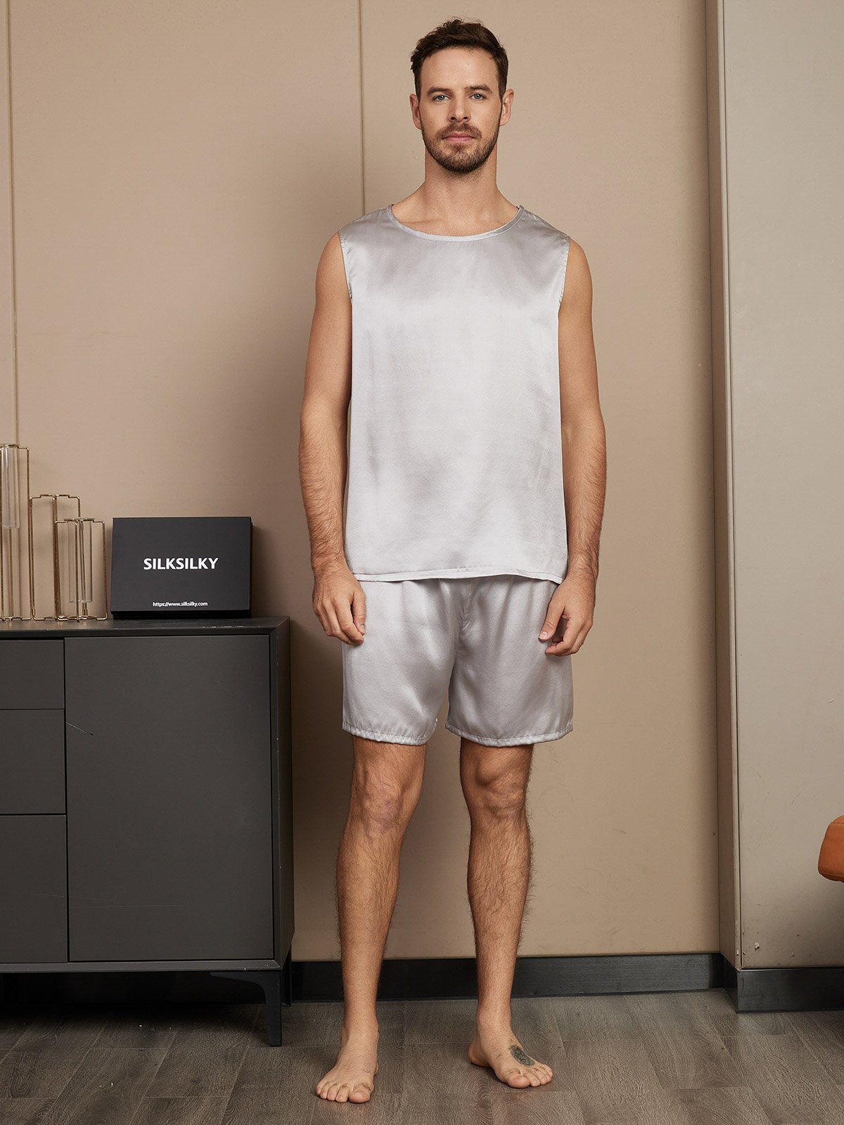 SilkSilky AU Pure Silk Sleeveless Round Neck Men's Pyjamas Silver 003