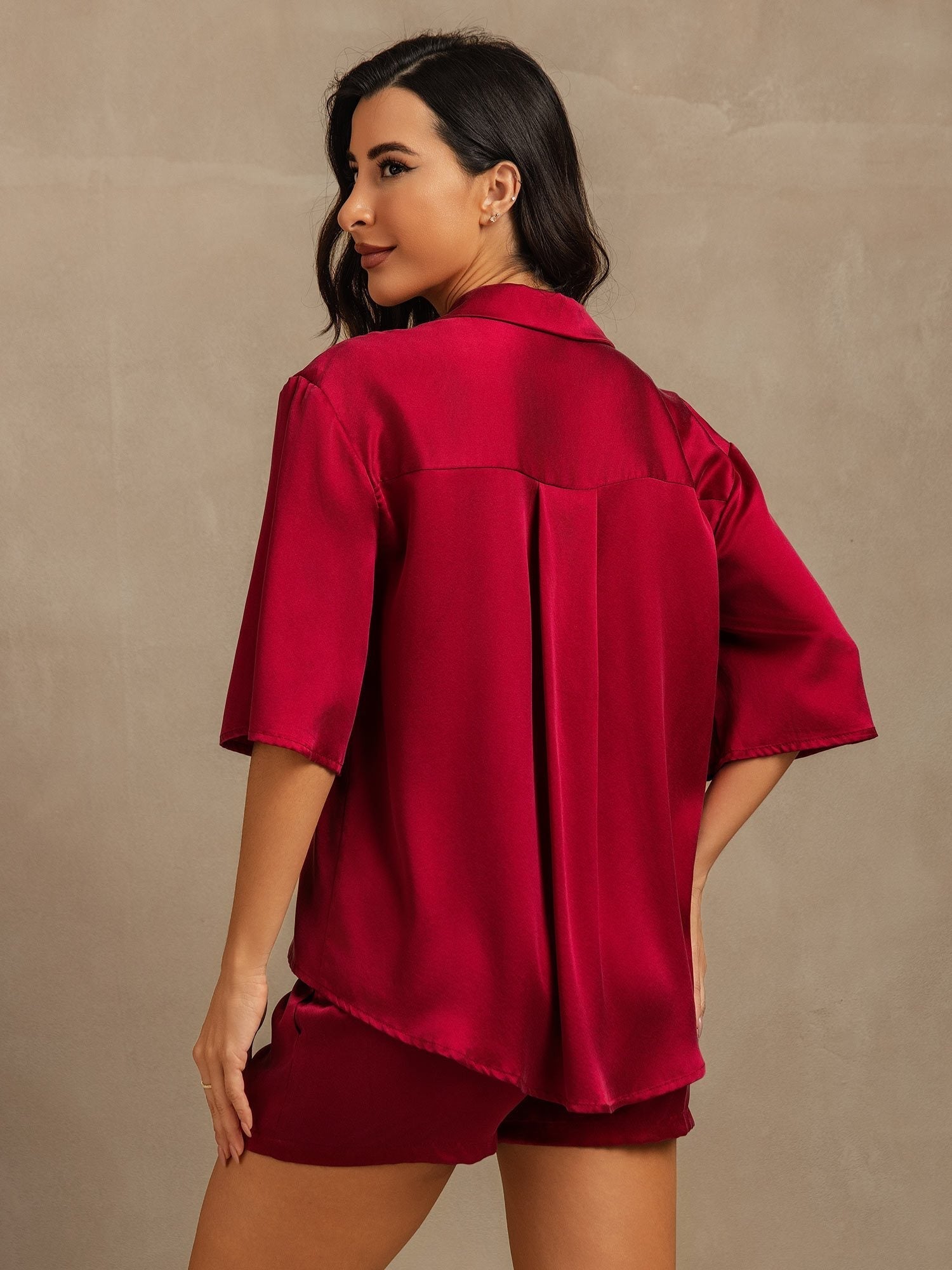 [Wine] SilkSilky-AU 19Momme Pure Silk Half Sleeve Collar Women's Pyjamas 002