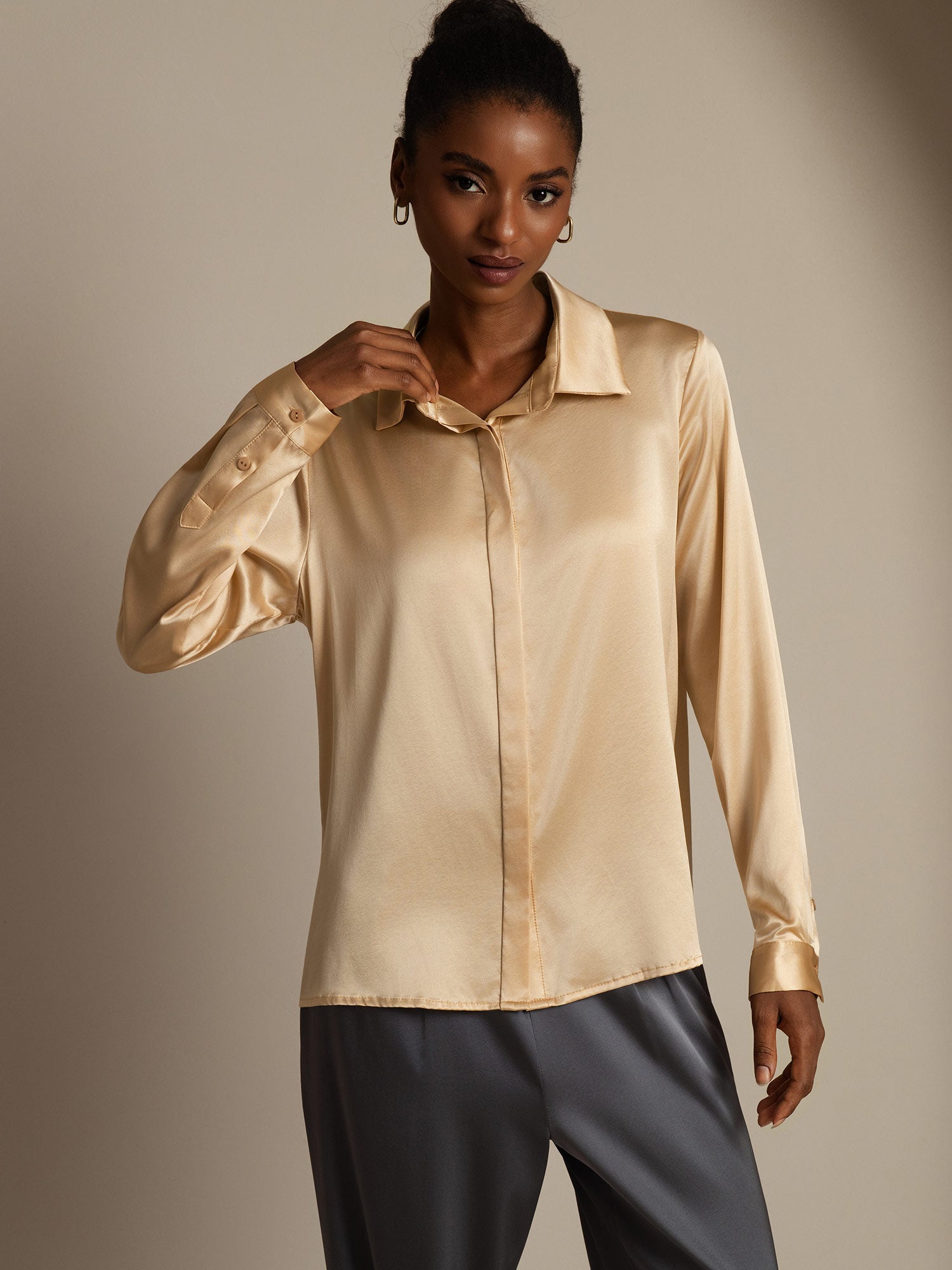 [Champagne] SilkSilky-AU 19Momme Silk Lapel Collar Women's Shirt 004