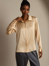 [Champagne] SilkSilky-AU 19Momme Stretch Silk Charmeuse Long Sleeve Lapel Collar Women's Shirt 004