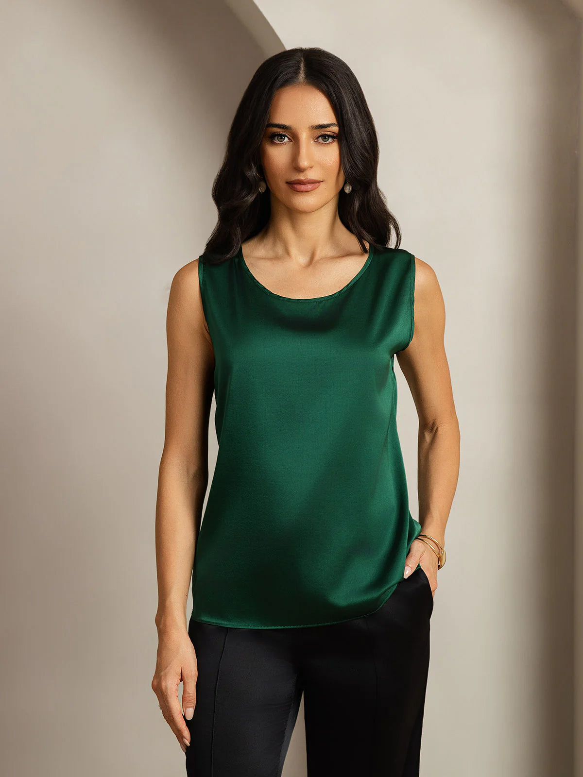 [Dark Green] SilkSilky-AU 19Momme Silk Round Neck Camisole 005