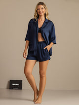 [Dark Blue] SilkSilky-AU 19Momme Machine-Washable Silk Half Sleeve Notch Collar Women's Pyjamas 007