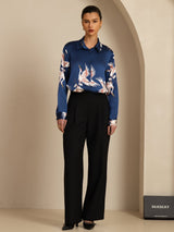 [Dark Blue] SilkSilky-AU 19Momme Long Sleeve Lapel Collar Women's Shirt 007