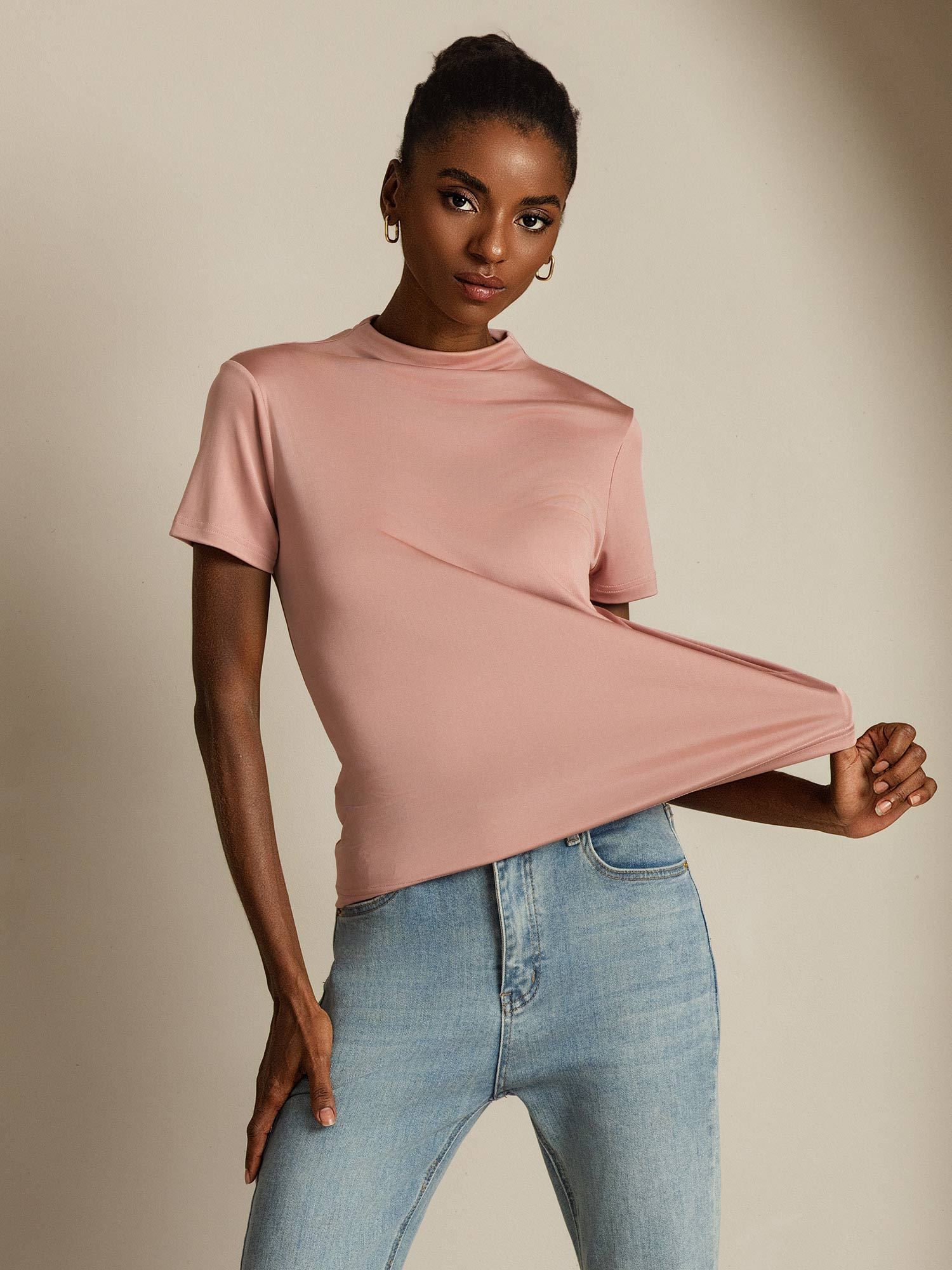 [Pink] SilkSilky-AU Pure Silk Collar Women's T-Shirt 001