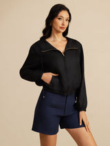 [Black] SilkSilky-AU 18Momme Silk Satin Surah Long Sleeve Stand Collar Women's Outerwear 003