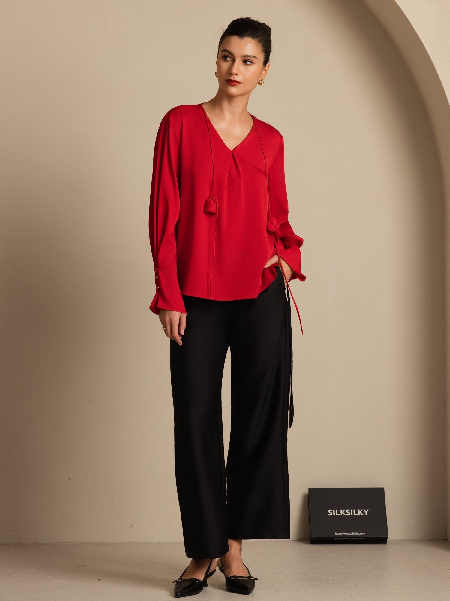 [Wine] SilkSilky-AU 19Momme Stretch Silk Double Georgette Long Sleeve V Neck Blouse 001