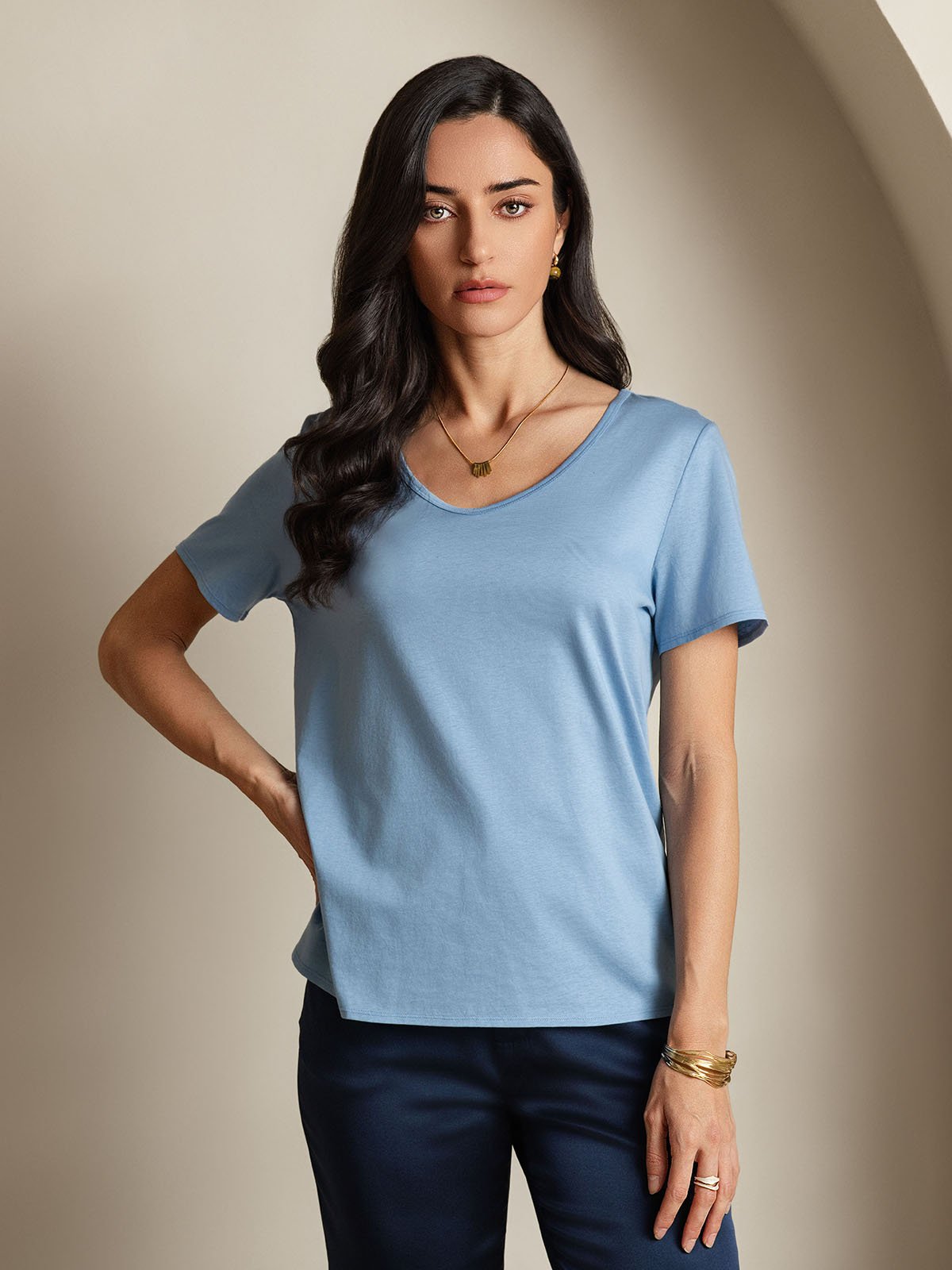 SilkSilky-AU Silk Short Sleeve V Neck Women's T-Shirt Blue 003