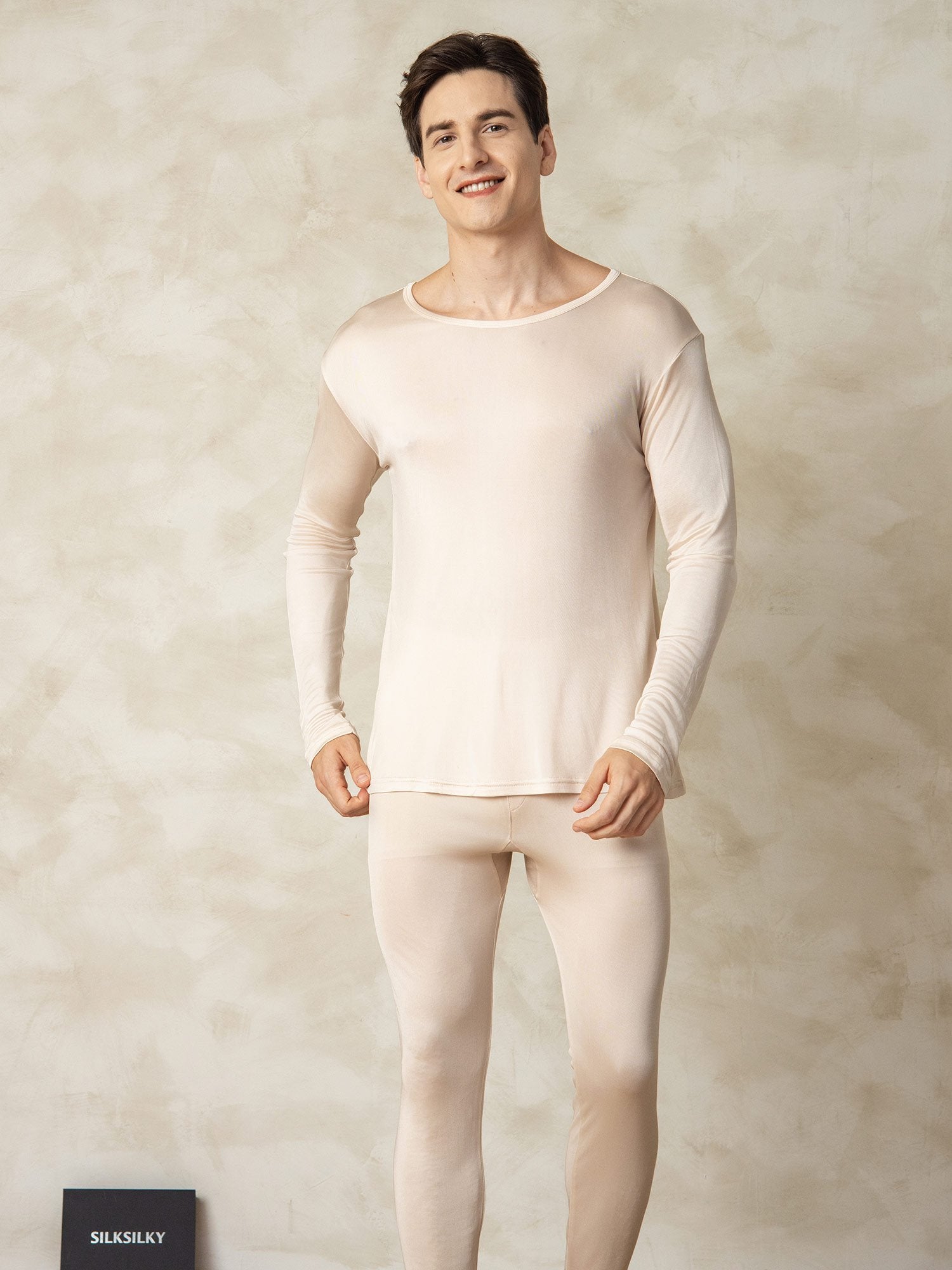 [Tan] SilkSilky-AU Silk Knitted Round Neck Men's Pyjamas 004
