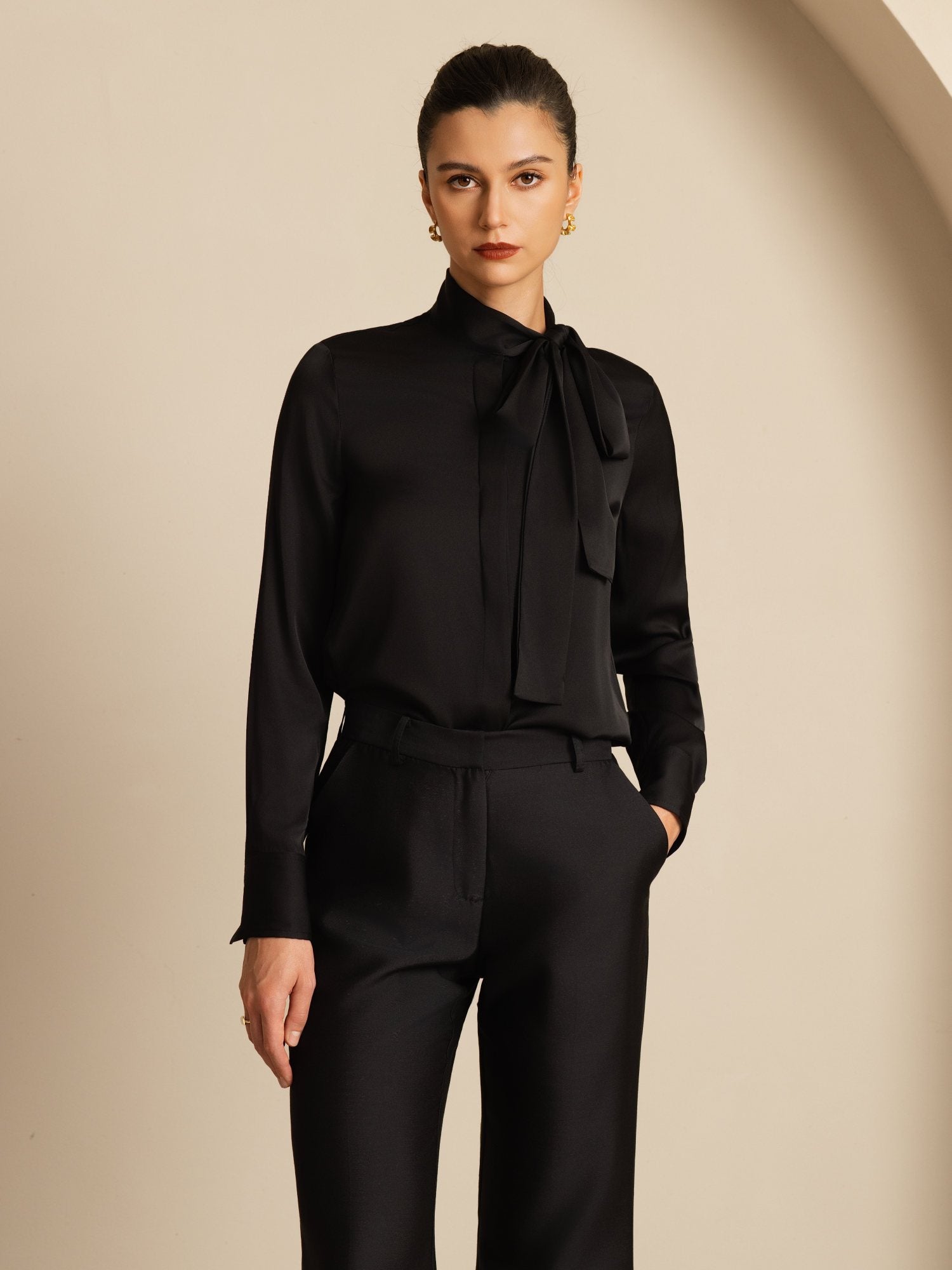 [Black] SilkSilky-AU 19Momme Silk Long Sleeve Tie Neck Blouse 005