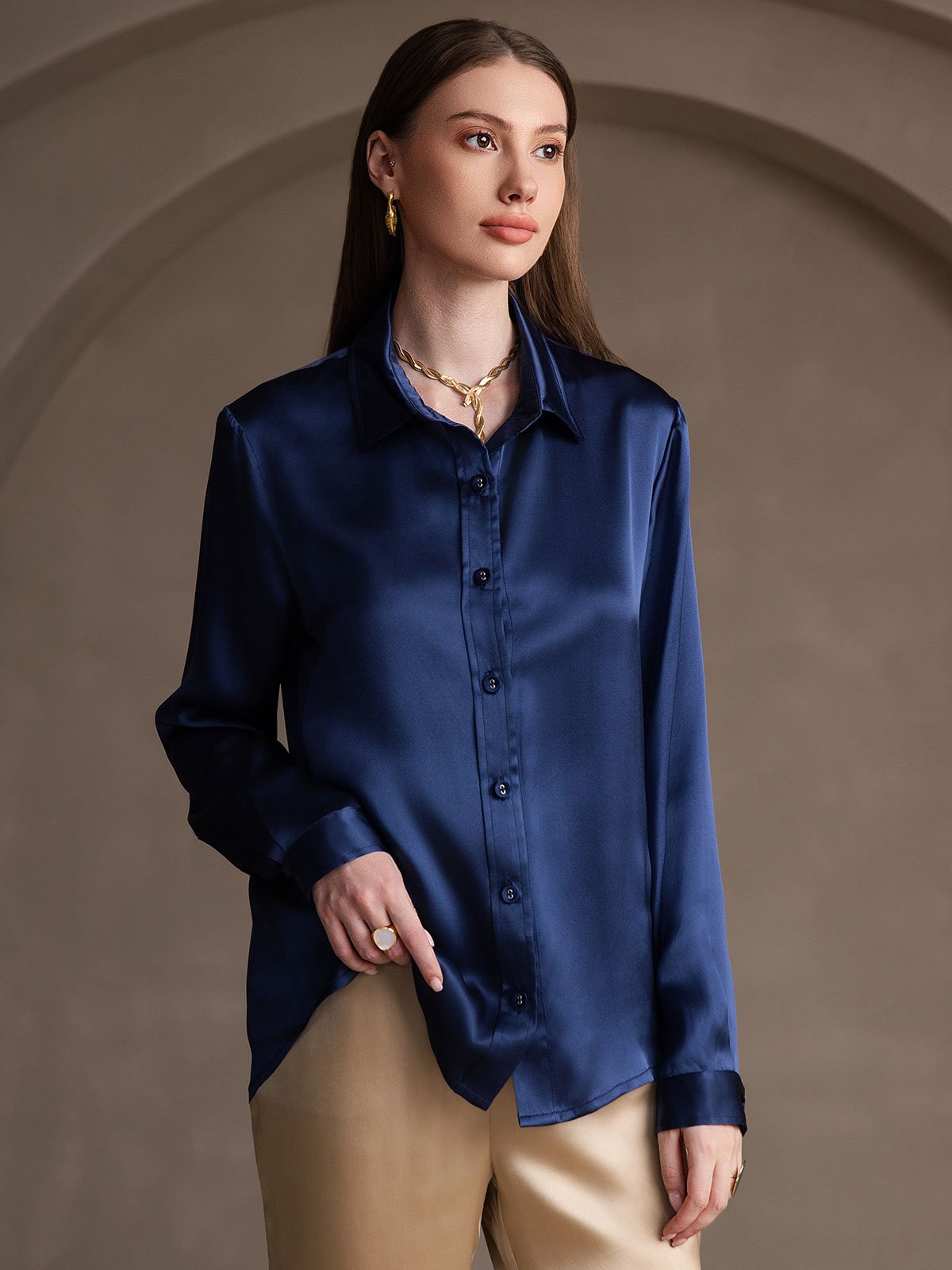 [Dark Blue] SilkSilky-AU 19Momme Stretch Silk Charmeuse Long Sleeve Lapel Collar Women's Shirt 003