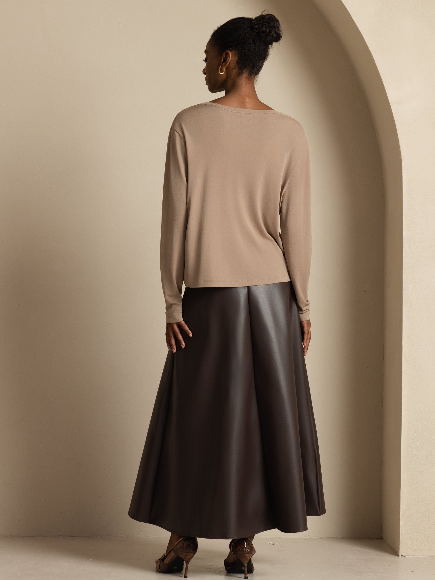 [Tan] SilkSilky-AU 19Momme 100% High-Twist Silk Jersey Long Sleeve V Neck Women's Cardigan 007