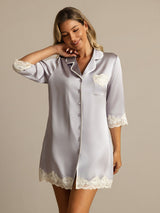[Lavender] SilkSilky-AU Pure Silk Lapel Collar Nightshirt 003