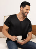 SilkSilky AU Pure Silk Short Sleeve V Neck Men's T Shirt Black 004